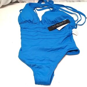 La Blanca blue criss cross straps 1 piece swimsuit tummy control sz 6 NWT